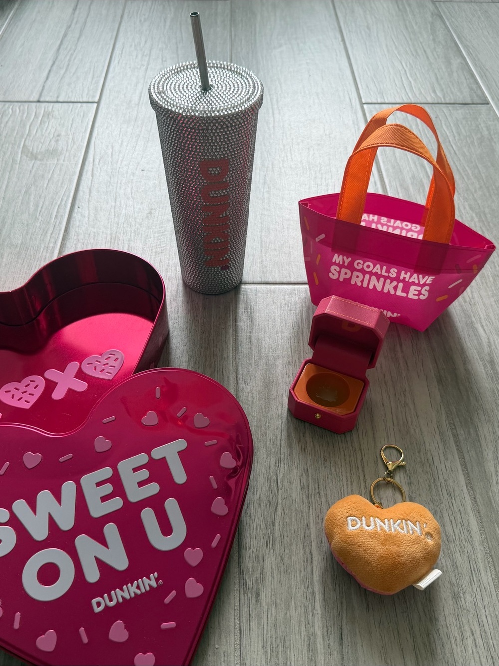 Dunkin' Pink Heart Tin Gift Set with Orange Keychain and Pink Totes